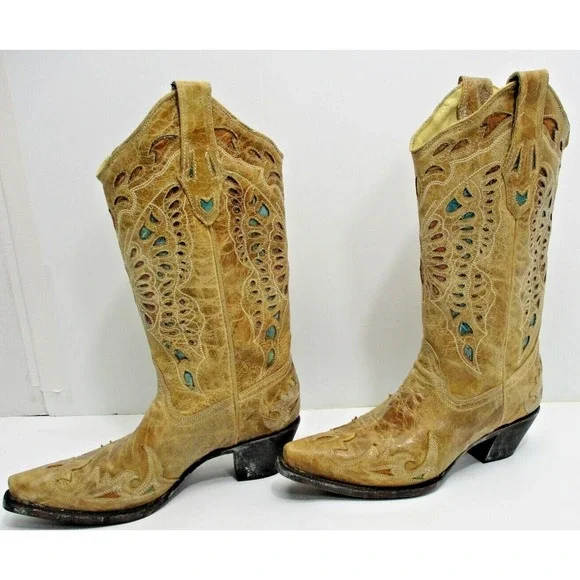 Corral Crackle Butterfly inlay Western Boots R2477 - turquoise tan 8 M snip toe